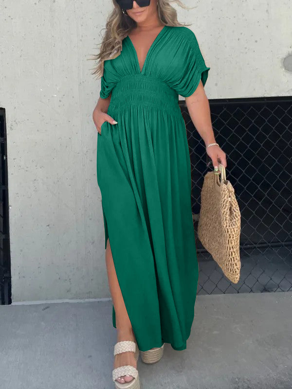 Nouvelle robe longue maxi facile à porter avec fente et col en V (Achetez 2, la livraison est offerte)
