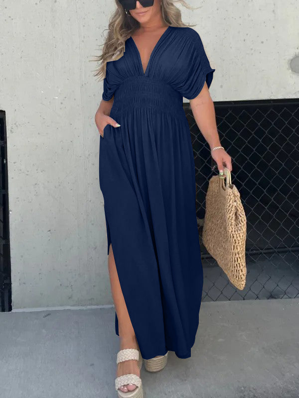 Nouvelle robe longue maxi facile à porter avec fente et col en V (Achetez 2, la livraison est offerte)