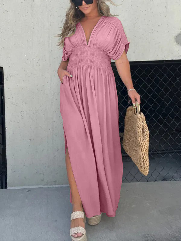 Nouvelle robe longue maxi facile à porter avec fente et col en V (Achetez 2, la livraison est offerte)