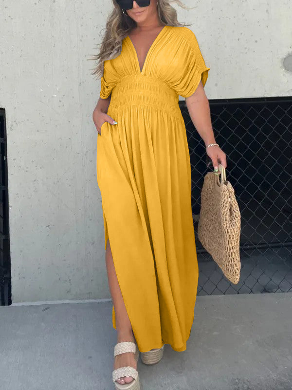 Nouvelle robe longue maxi facile à porter avec fente et col en V (Achetez 2, la livraison est offerte)