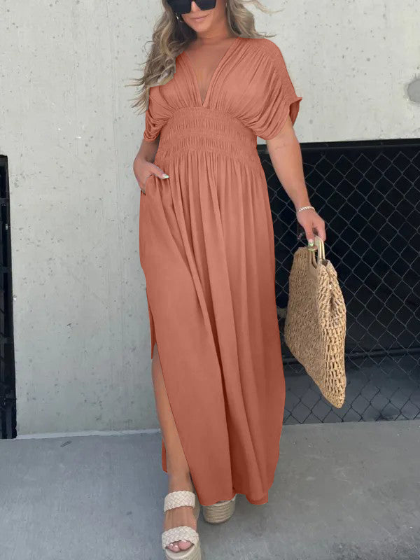 Nouvelle robe longue maxi facile à porter avec fente et col en V (Achetez 2, la livraison est offerte)
