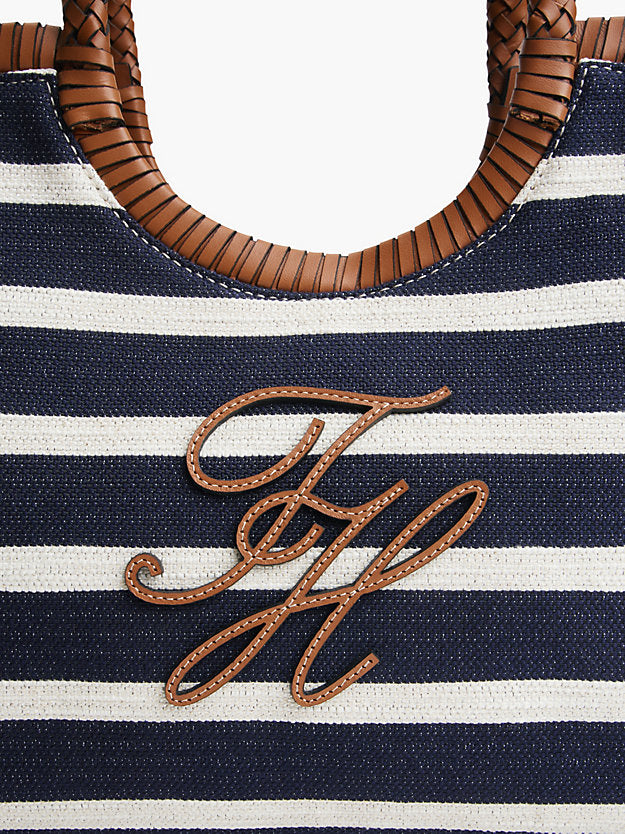 Stripe Textured Logo Tote Bag