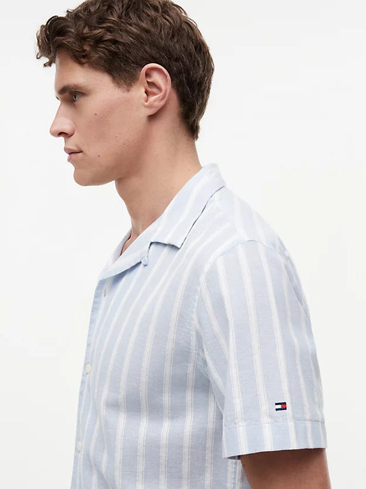Linen Blend Textured Stripe Short Sleeve Shirt