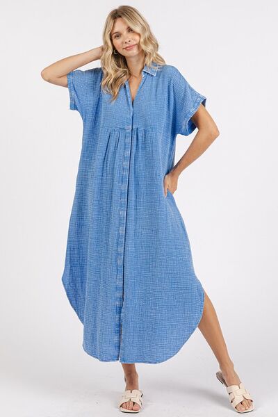 Mittoshop V-Ausschnitt Midi-Hemdblusenkleid in Mineralwaschung