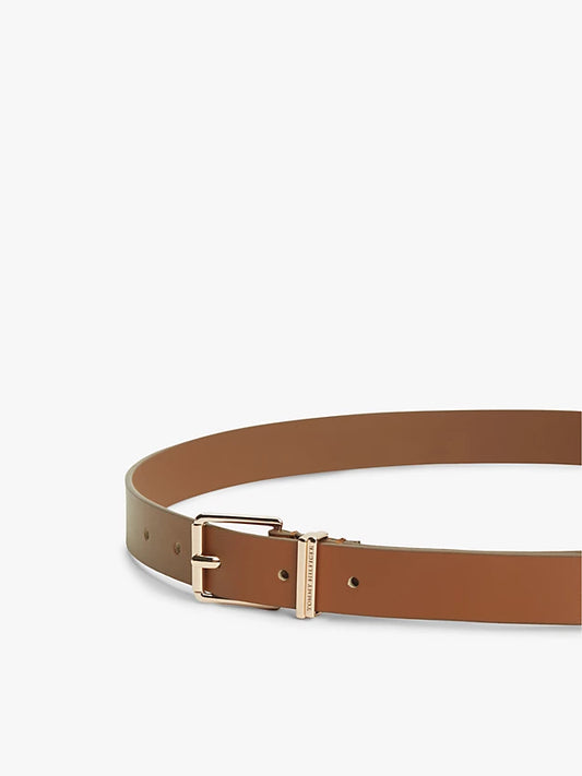Square Buckle Logo Keeper Leather Belt