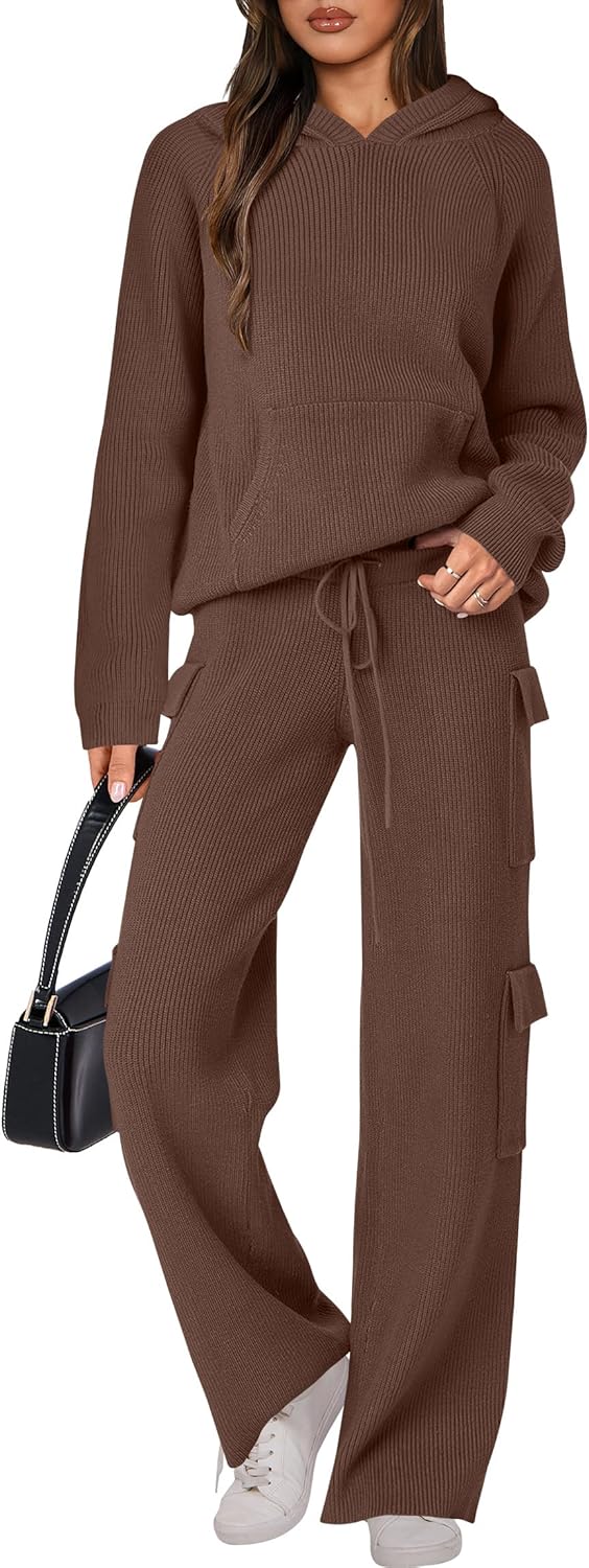 🎄 Destockage de Noël 🔥 Ensembles deux pièces femme : pull tricoté à capuche et pantalon droit décontracté