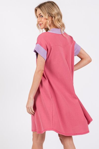 Ces Femme V-Ausschnitt Kurzarmkleid mit Kontrastbesatz