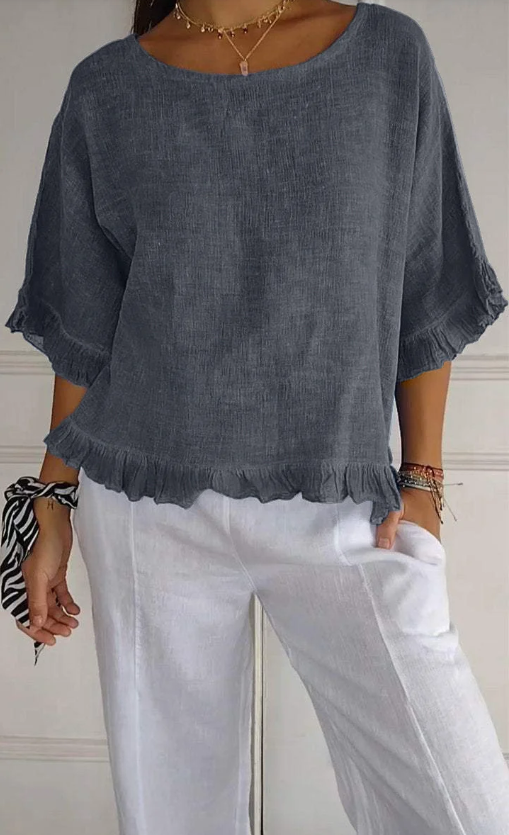 🔥Vente liquidation🔥 Top femme à col rond en coton et lin à volants