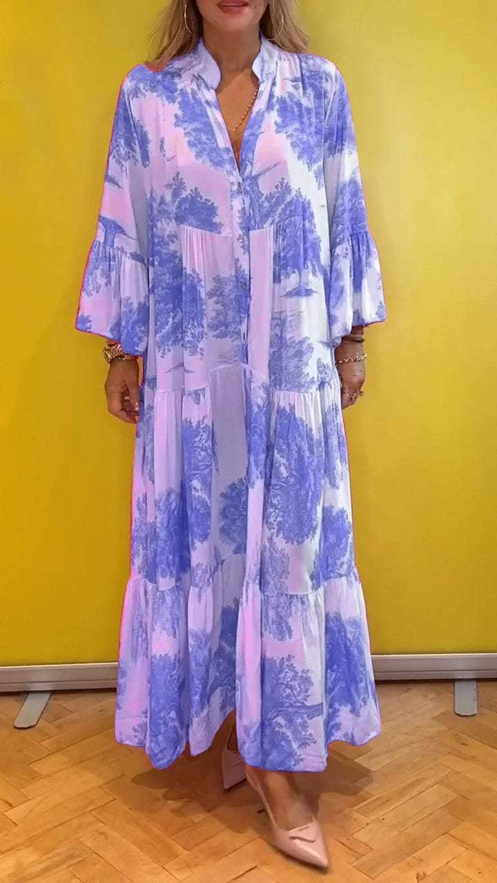 Damen-Sommerkleid mit V-Ausschnitt und Waldmuster Maxikleid