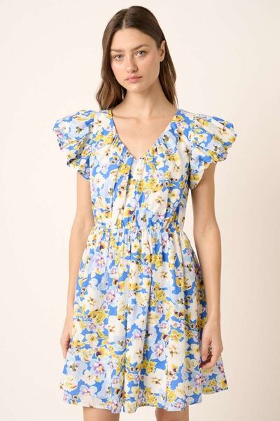 Mittoshop Blumenmuster V-Ausschnitt Flügelärmel Minikleid