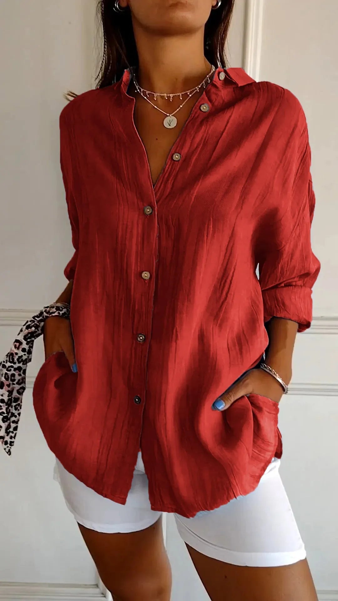 🌷Chemise classique plissée texturée à revers et simple boutonnage pour femme