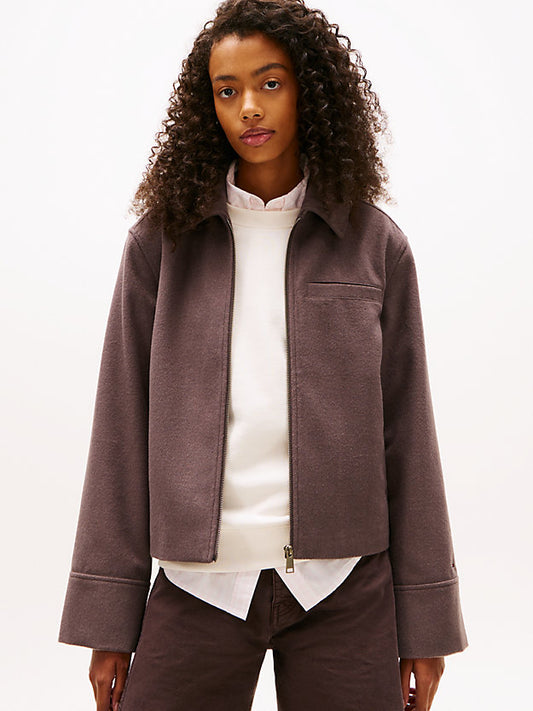 Collared Zip-Thru Wool Blend Twill Jacket