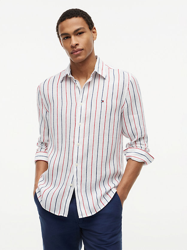 Regular Fit Textured Stripe Pure Linen Shirt
