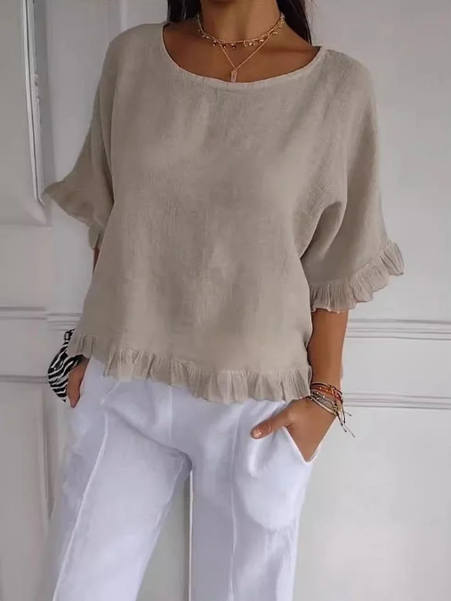 🔥Vente liquidation🔥 Top femme à col rond en coton et lin à volants
