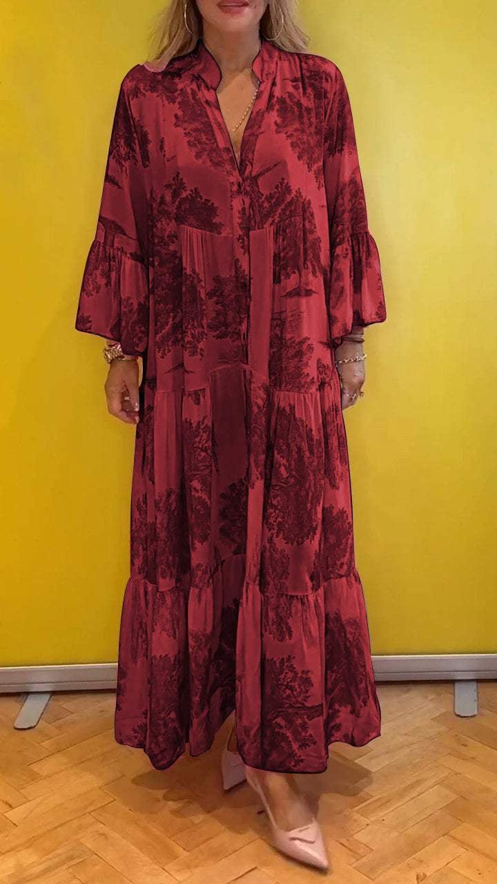 Damen-Sommerkleid mit V-Ausschnitt und Waldmuster Maxikleid