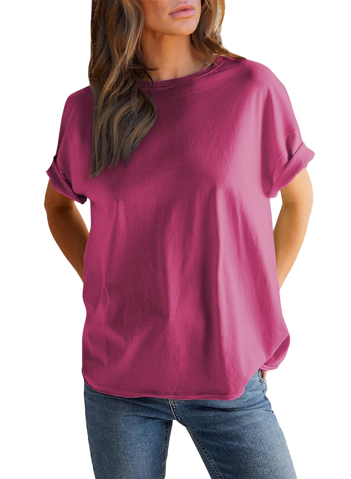 T-shirt Femme Col Rond Manches Courtes Couleur Unie (Achetez 2 pour la livraison gratuite)
