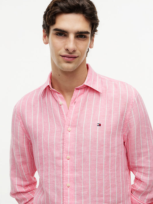 Regular Fit Textured Stripe Pure Linen Shirt