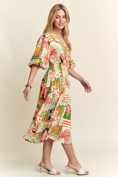 ADORA Florales Midi-Kleid mit V-Ausschnitt und Puffärmeln