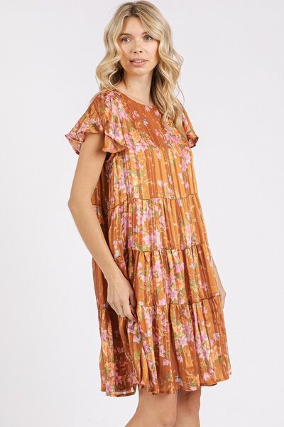 Robe étagée à col rond et manches courtes évasées à imprimé floral Mittoshop