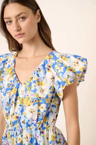Mittoshop Blumenmuster V-Ausschnitt Flügelärmel Minikleid