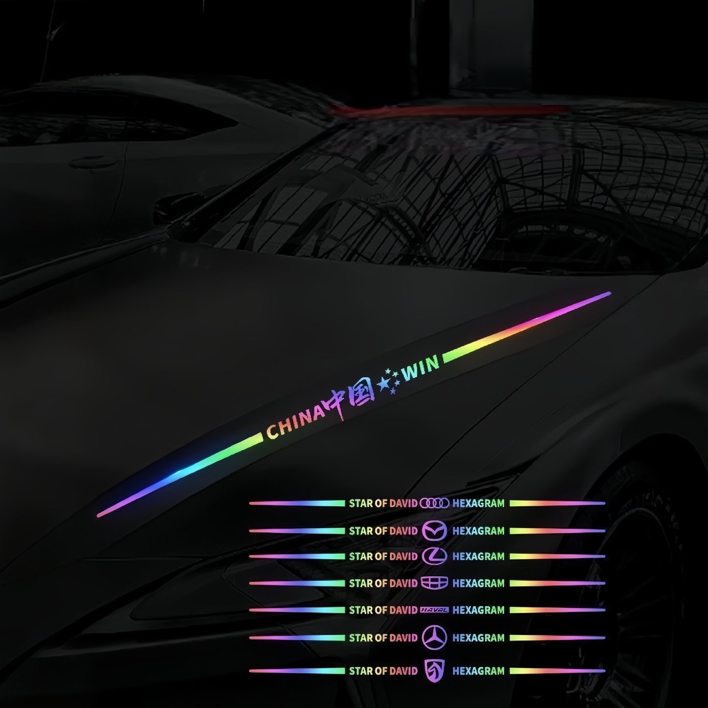 Autocollants colorés pour logo de voiture, autocollants de voiture réfléchissants laser à changement de couleur, autocollants personnalisés pour montant A, portière et capot de voiture.