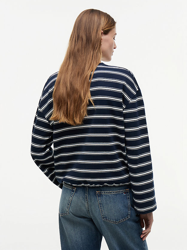 Stripe Drawstring Hem Long Sleeve T-Shirt