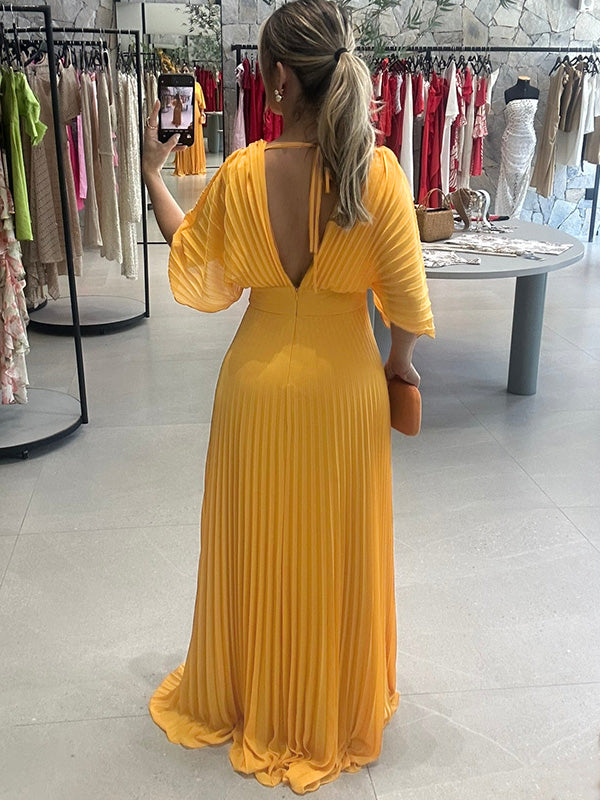 NOUVEAU🔥 Robe en mousseline à encolure en V avec fermeture éclair et manches chauve-souris à nouer dans le dos - Hors taxes