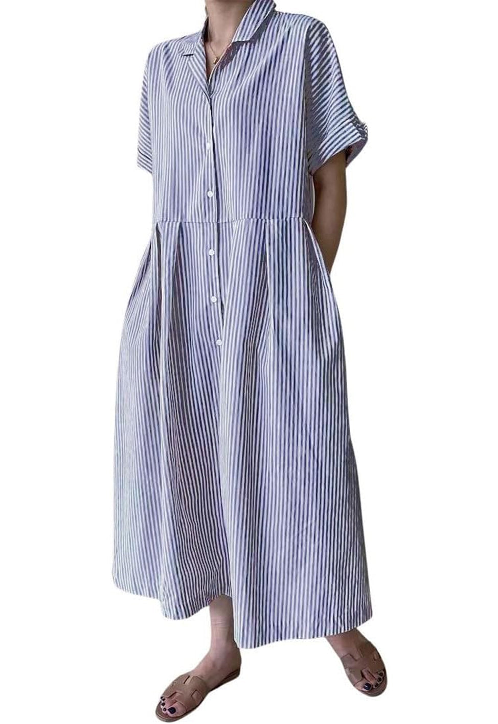 Robe chemise longue mi-longue en coton rayée à manches courtes avec poches pour femme (achetez 2, la livraison est gratuite)