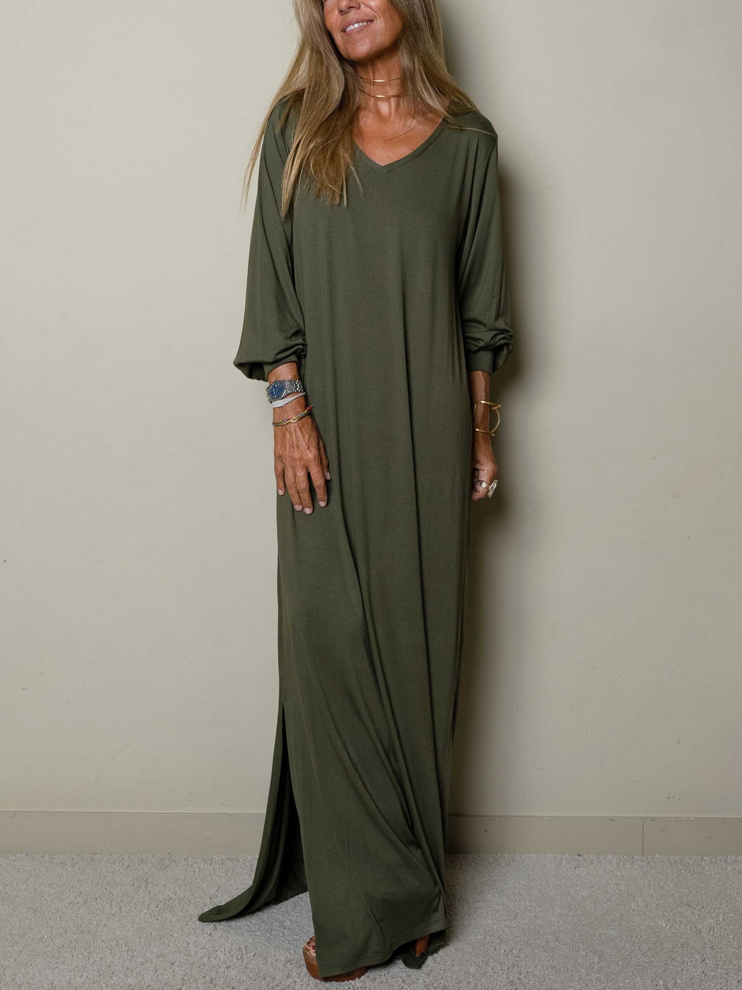 Robe longue décontractée pour femme à col en V