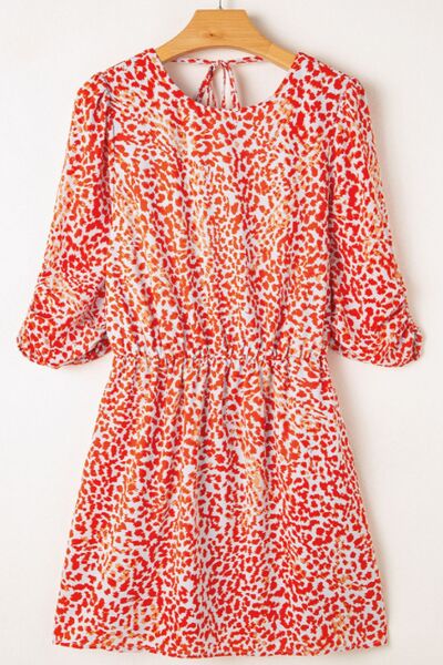 Robe Courte Imprimée à Encolure Ronde et Liens Fendue