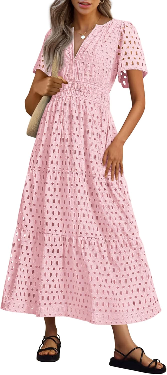 NOUVEAU 🔥 Robe longue d'été 2025 pour femme, manches courtes, col en V, ajourée, œillets, coupe trapèze