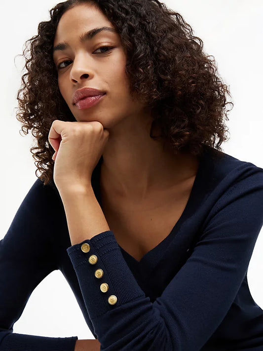 Gold-Tone Button Cuff V-Neck Jumper