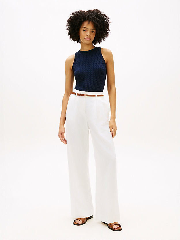 Linen Blend Belted Wide Leg Trousers