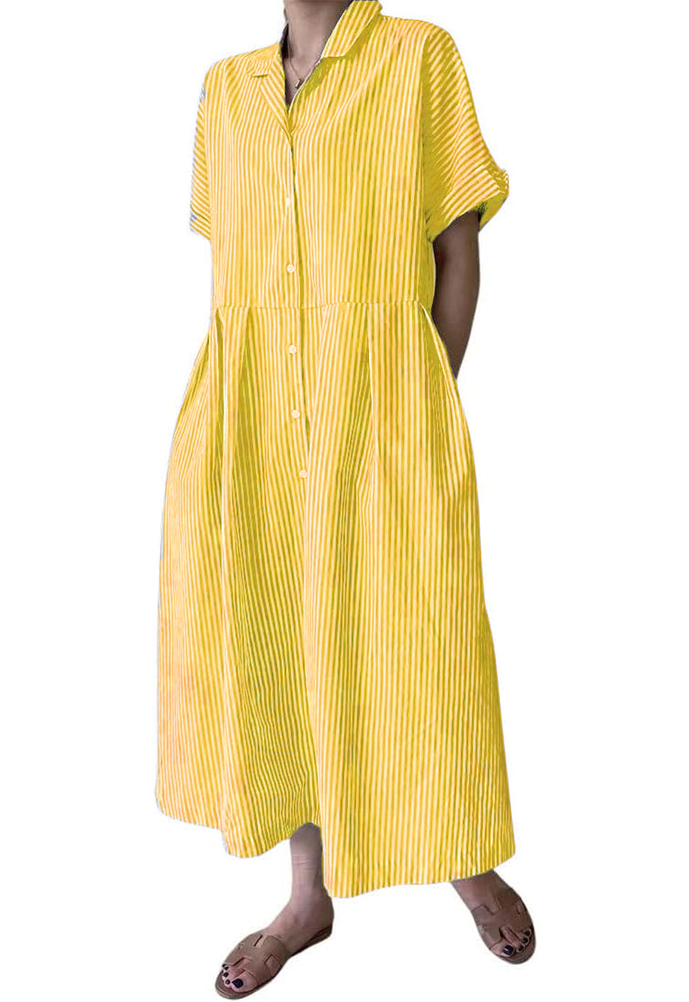 Robe chemise longue mi-longue en coton rayée à manches courtes avec poches pour femme (achetez 2, la livraison est gratuite)