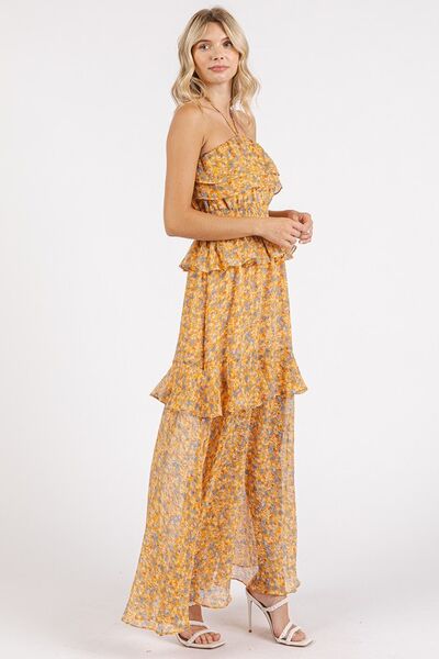 Maxikleid mit gerafftem Smocked-Blumenmuster und Neckholder von Mittoshop