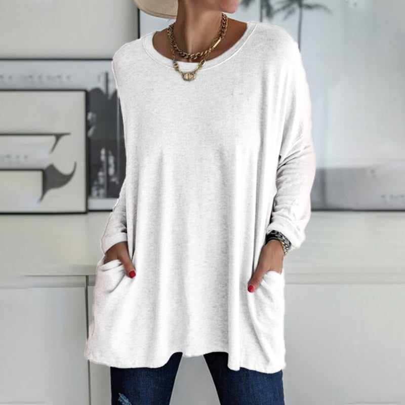 🔥VENTE FLASH -49 % DE RÉDUCTION-T-shirt uni à manches longues et col rond avec poches