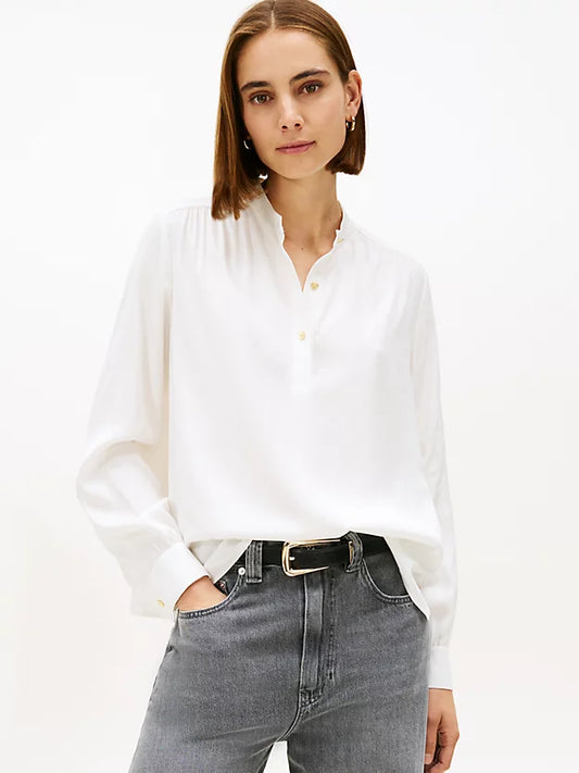 Gold-Tone Button Relaxed Twill Blouse