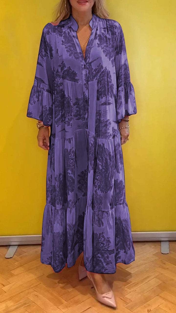 Damen-Sommerkleid mit V-Ausschnitt und Waldmuster Maxikleid