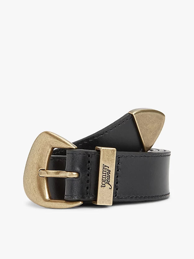 Abstract Buckle Debossed Logo Leather Belt