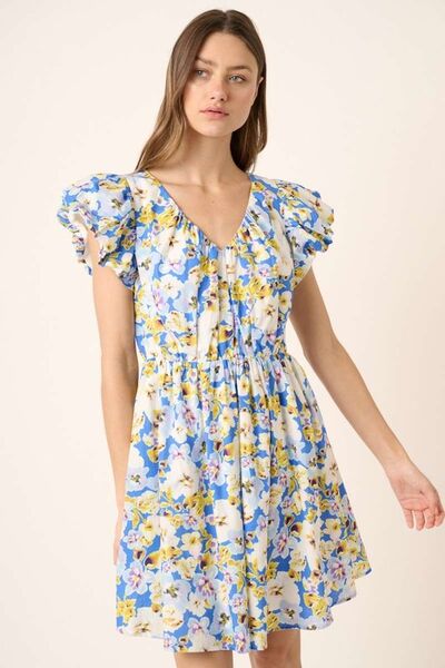 Mittoshop Blumenmuster V-Ausschnitt Flügelärmel Minikleid
