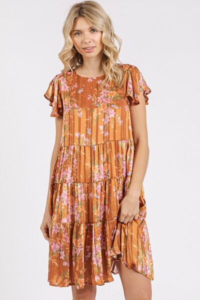 Robe étagée à col rond et manches courtes évasées à imprimé floral Mittoshop