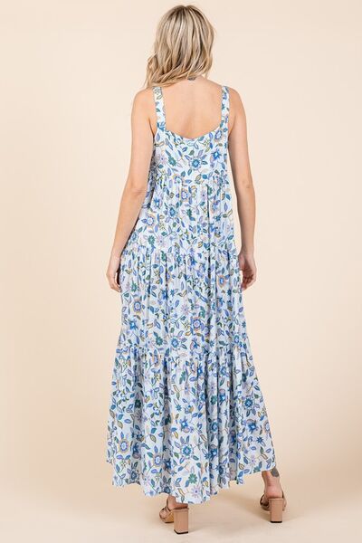 Mittoshop Geblümtes, gestuftes, ärmelloses Empire-Maxikleid
