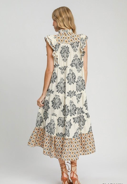 Robe mi-longue décontractée à manches à volants imprimée pour femme (2 achetées, livraison gratuite)