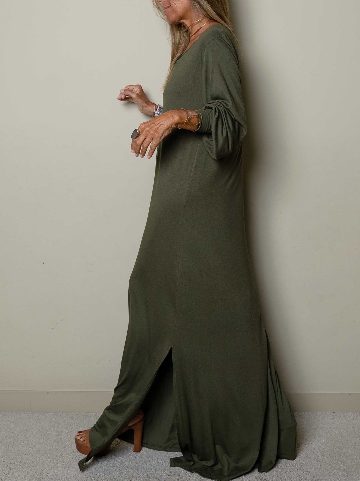 Robe longue décontractée pour femme à col en V