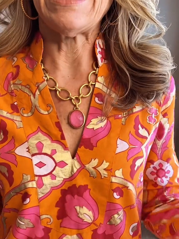 Neu🔥 Frühling V-Ausschnitt Kleid mit Folienprint