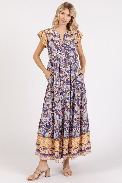 Mittoshop Geblümtes Rüschen-Maxikleid mit gekerbtem Kappenärmel