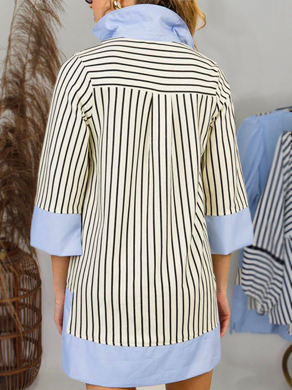RÄUMUNGSVERKAUF🔥 Gestreiftes Hemdblusenkleid mit V-Ausschnitt und Kragen