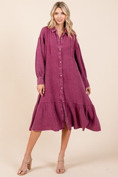 Robe chemise midi en gaze de coton lavée aux minéraux à volants Mittoshop