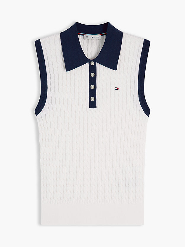 Cable Knit Slim Sleeveless Polo Jumper