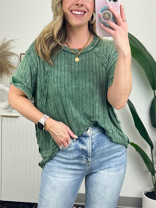 T-shirt côtelé décontracté délavé pour femme (achetez-en 2, livraison gratuite)